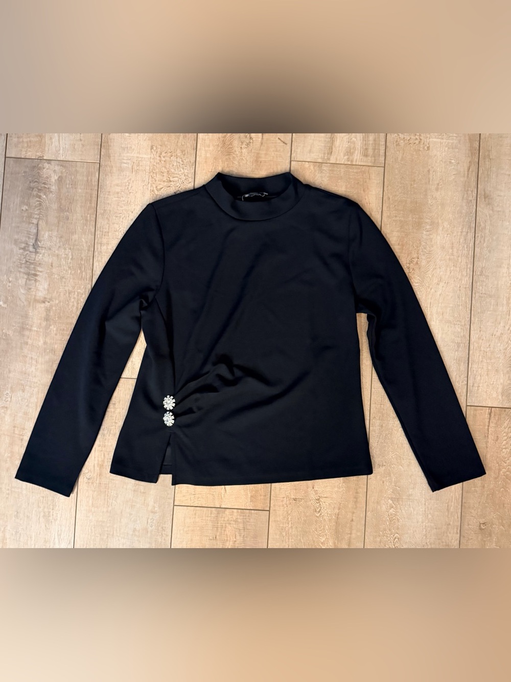 Ann Taylor Black Long‑Sleeve Mock Neck Top with Side Embellishment NEW